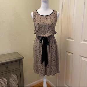 LOFT Petites Taupe Sleeveless Dress Black Dots Bow Elastic Waist Lined Dress SP